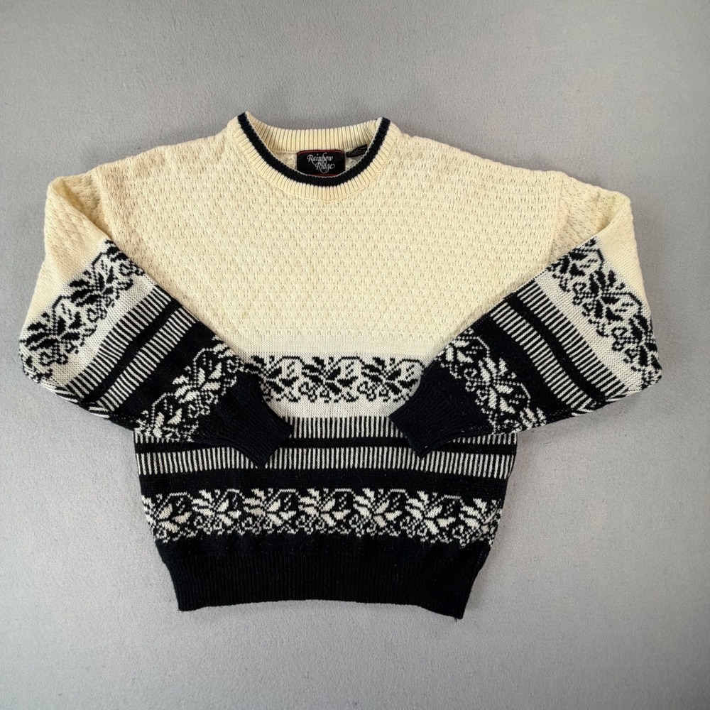Rainbow Ridge Vintage Sweater Medium Cream Black Fair Isle Nordic Knit Korea 80s